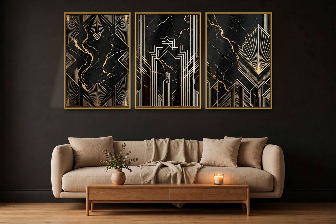Art Deco Wall Art Set of 3, Black Gold Marble Prints, Luxury Printable Living Room Decor, Digital Download photo 2