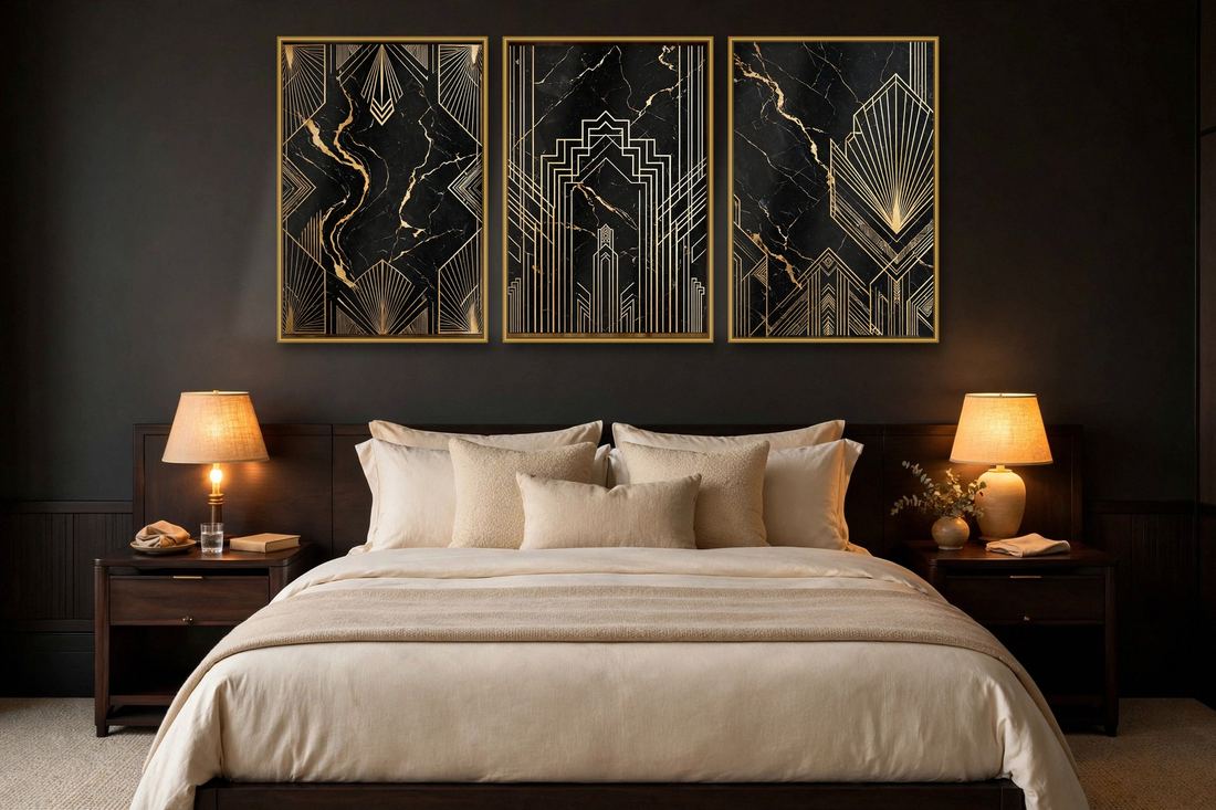 Art Deco Wall Art Set of 3, Black Gold Marble Prints, Luxury Printable Living Room Decor, Digital Download photo 3