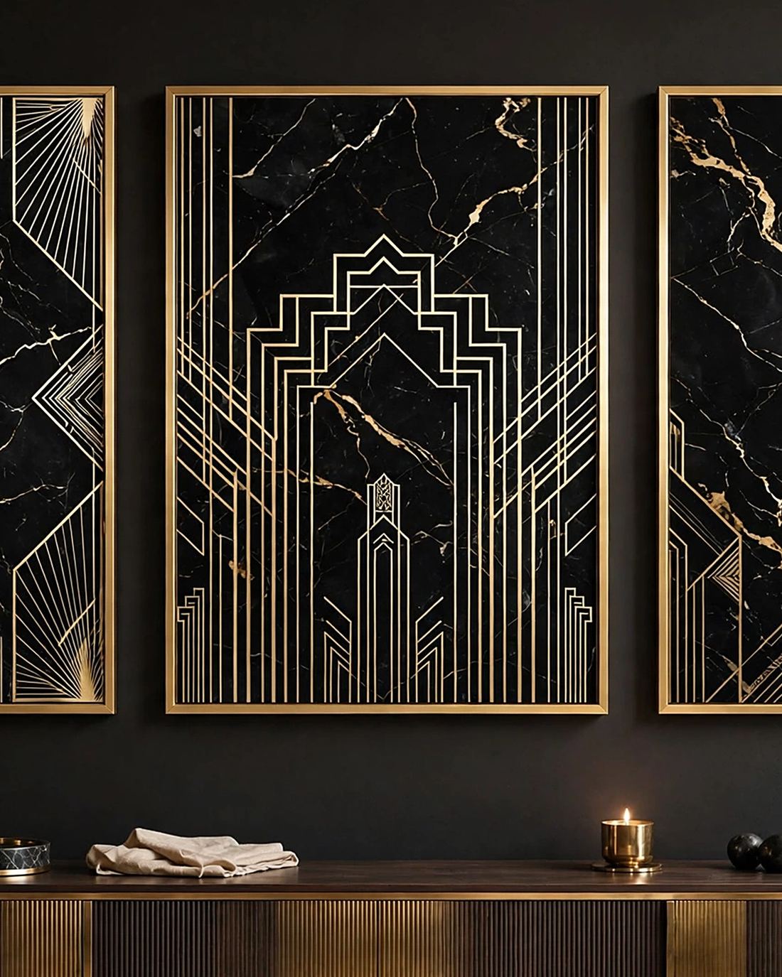 Art Deco Wall Art Set of 3, Black Gold Marble Prints, Luxury Printable Living Room Decor, Digital Download photo 4