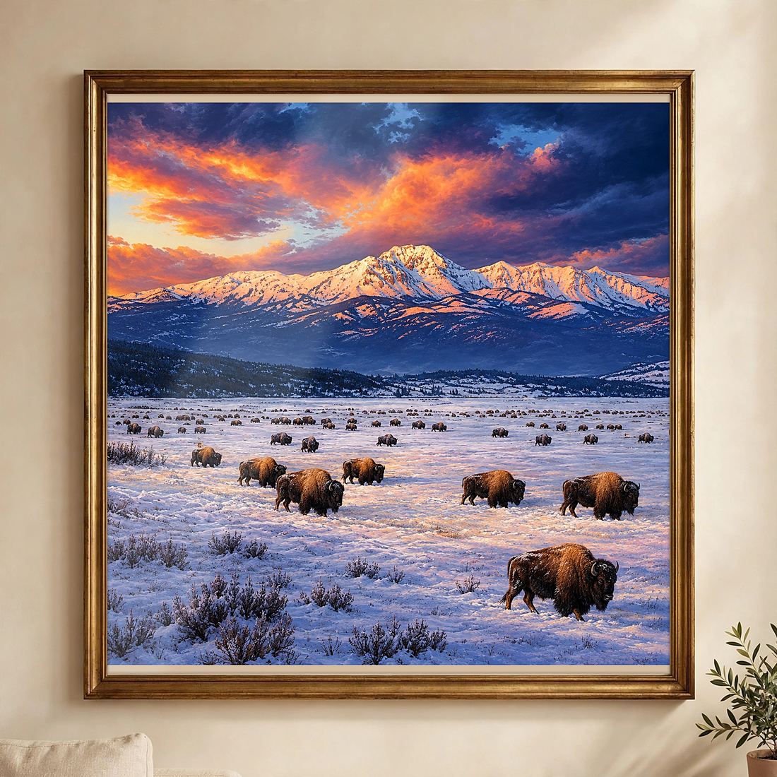 Bison Wall Art Print, Winter Buffalo Herd at Sunset, Digital Download