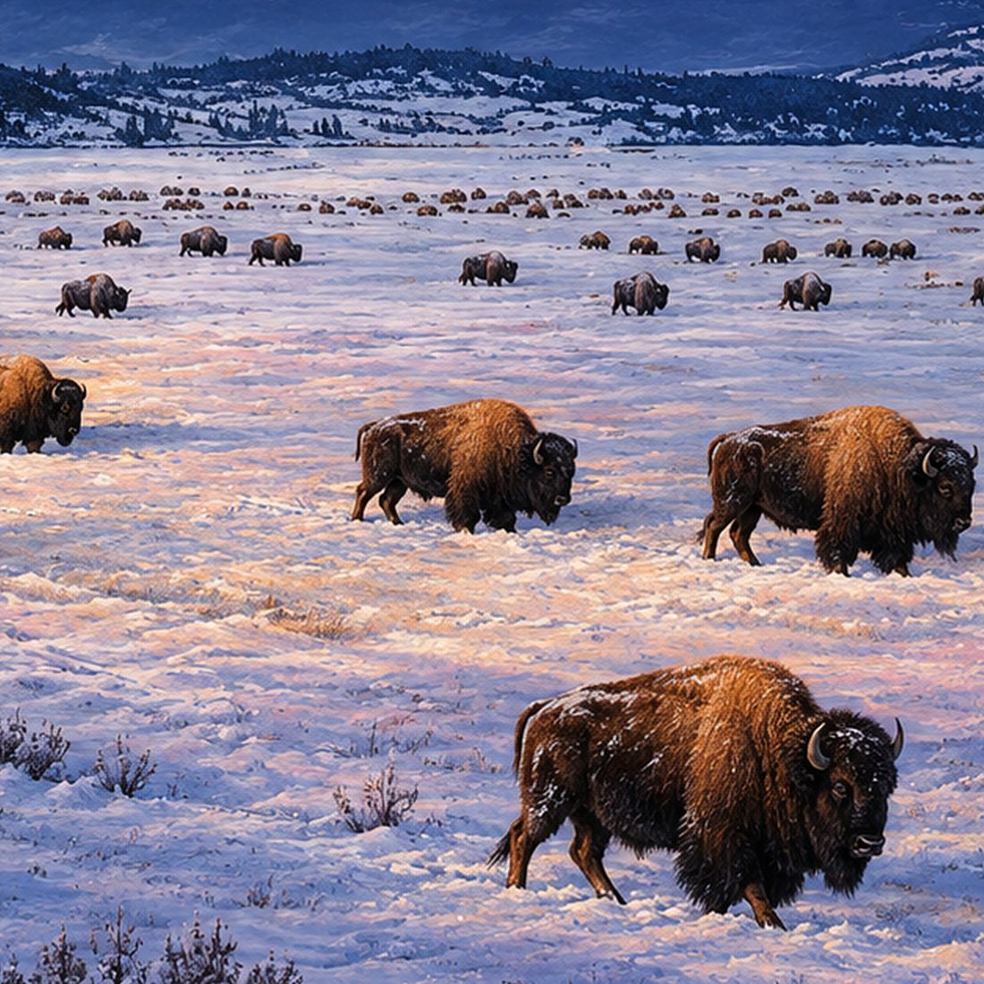 Bison Wall Art Print, Winter Buffalo Herd at Sunset, Digital Download photo 7