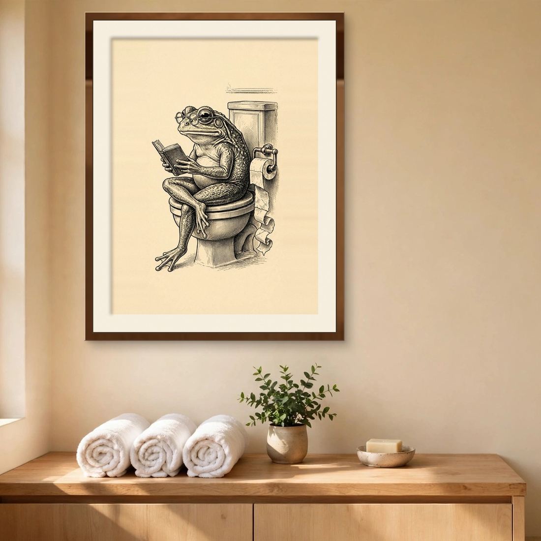 Funny Bathroom Wall Art, Frog on Toilet Print, Vintage Retro Frog Reading Book Digital Download