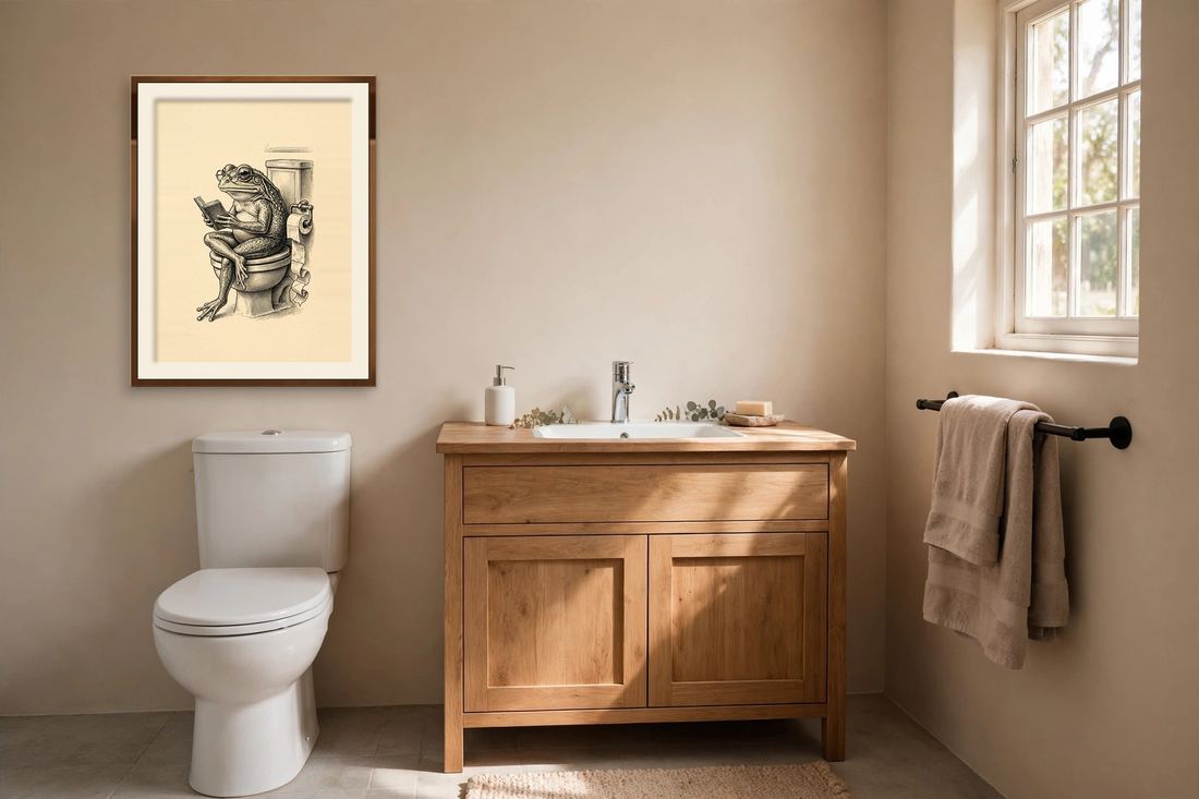 Funny Bathroom Wall Art, Frog on Toilet Print, Vintage Retro Frog Reading Book Digital Download photo 2
