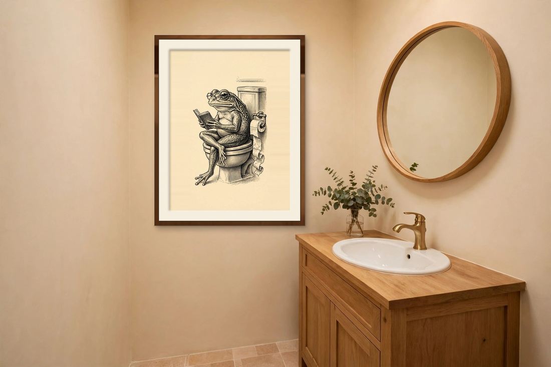 Funny Bathroom Wall Art, Frog on Toilet Print, Vintage Retro Frog Reading Book Digital Download photo 3