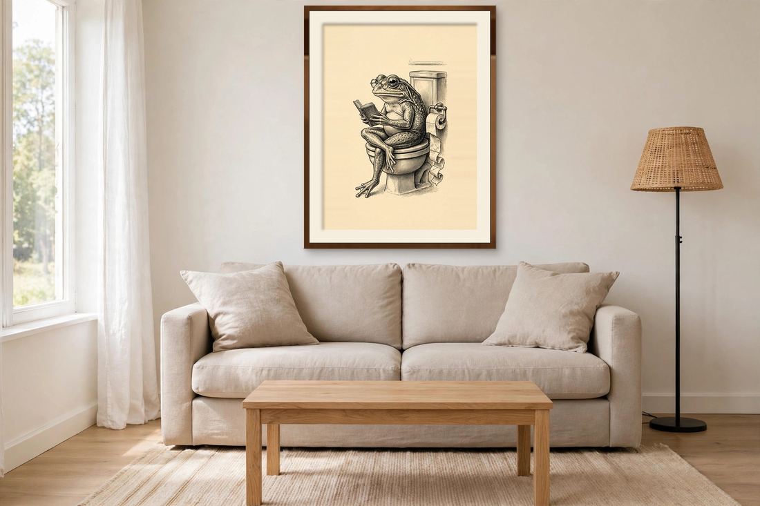 Funny Bathroom Wall Art, Frog on Toilet Print, Vintage Retro Frog Reading Book Digital Download photo 5