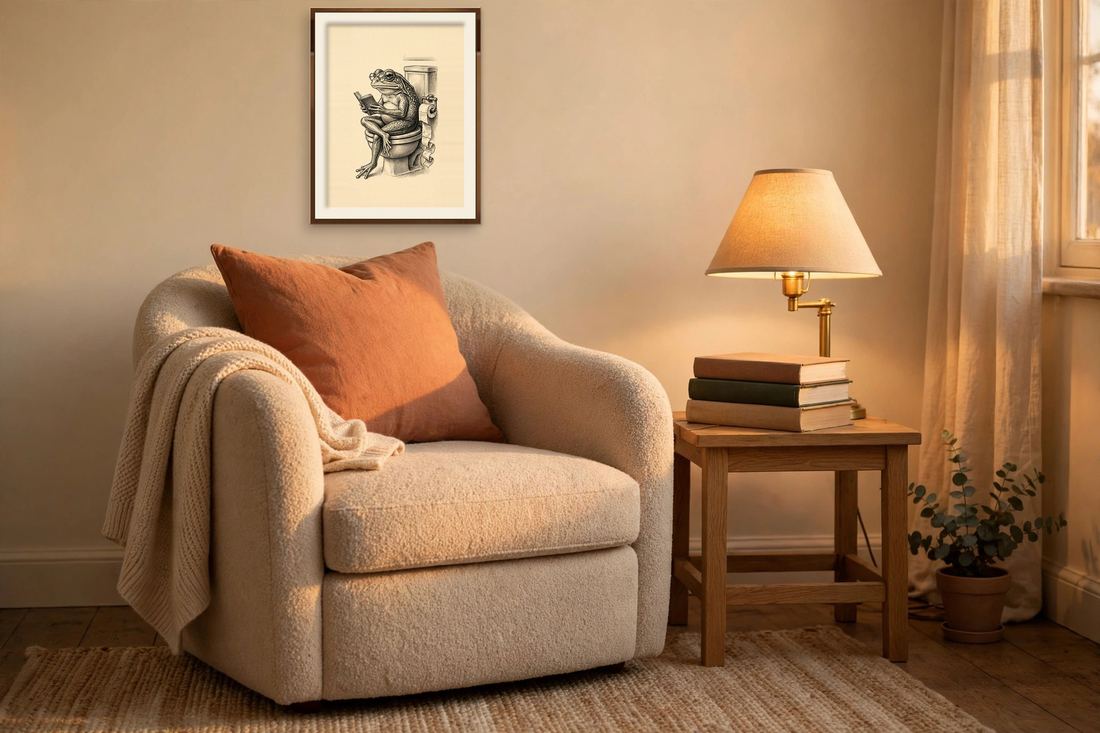 Funny Bathroom Wall Art, Frog on Toilet Print, Vintage Retro Frog Reading Book Digital Download photo 6