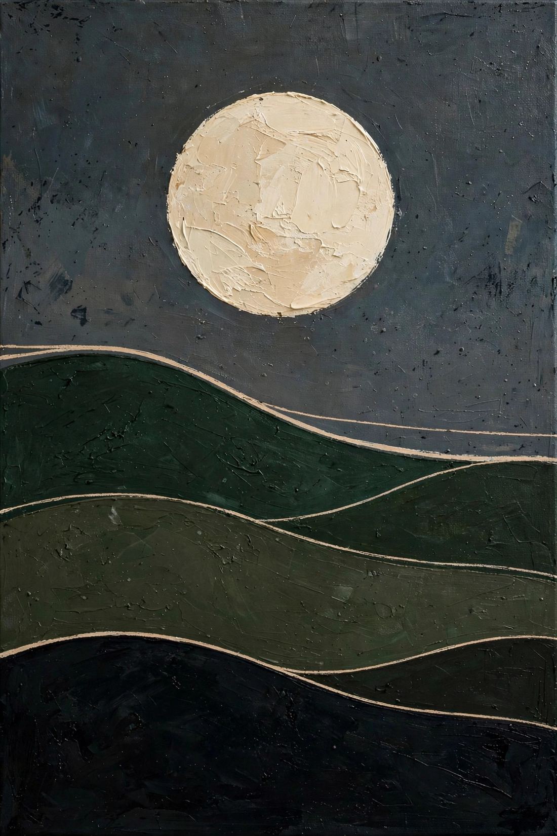 Japandi Wall Art Print, Dark Green Moon Over Hills, Digital Download