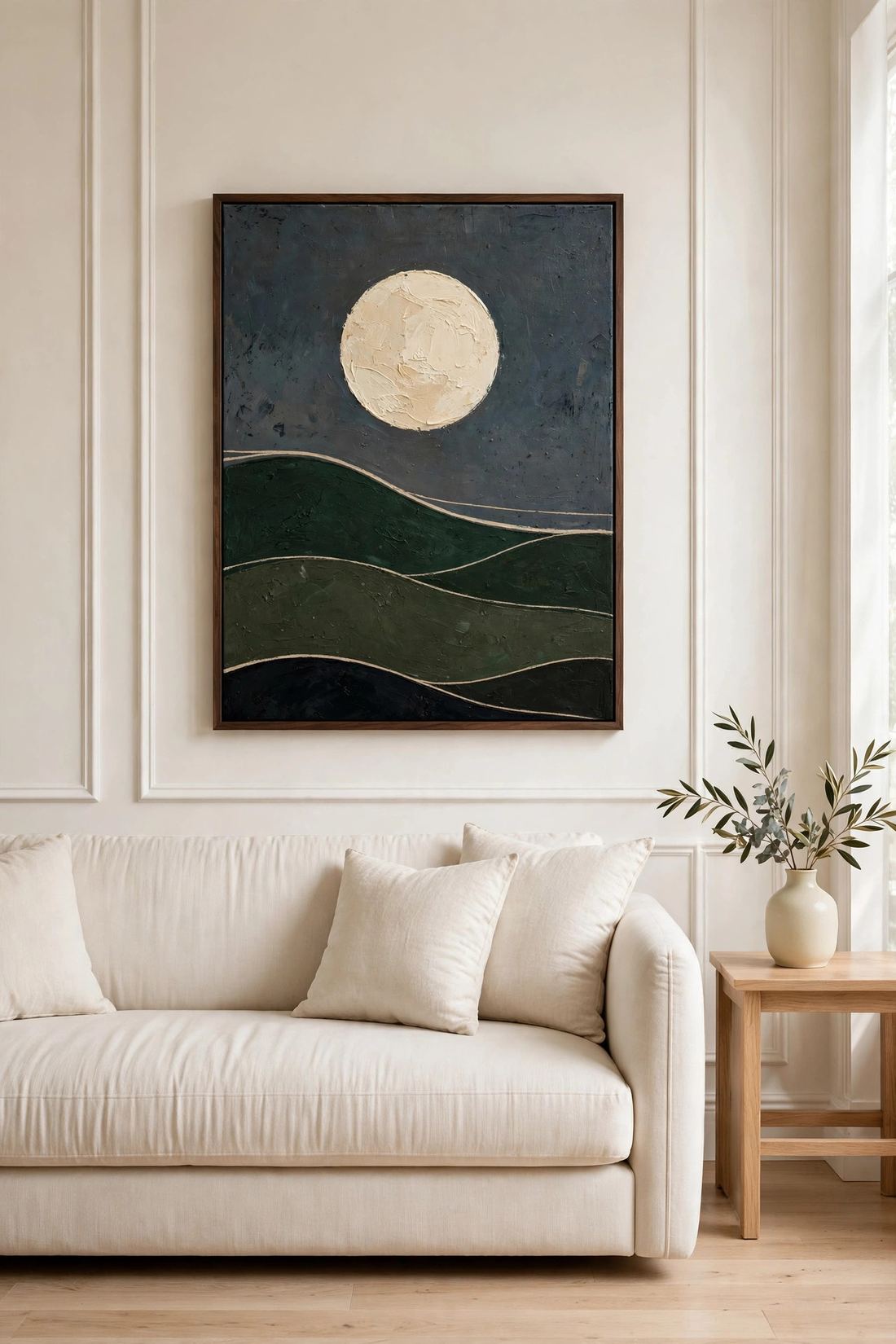 Japandi Wall Art Print, Dark Green Moon Over Hills, Digital Download photo 2
