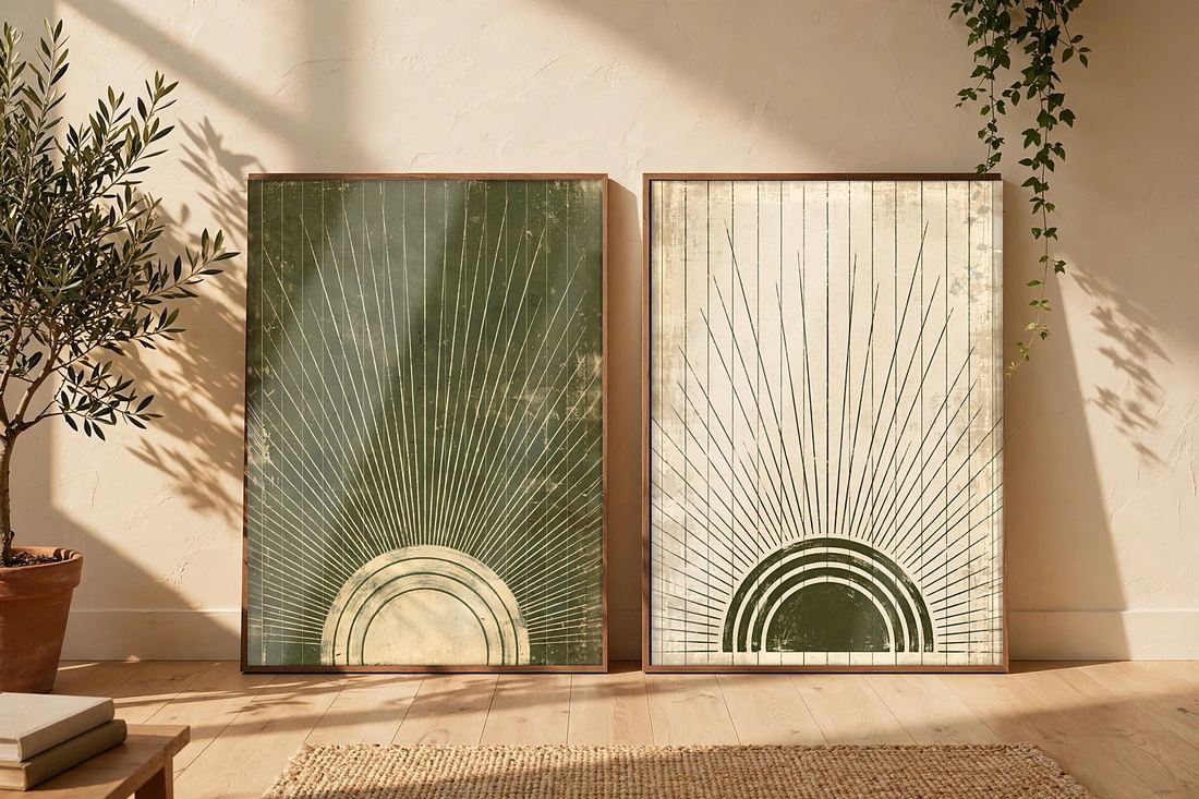 Japandi Wall Art Set of 2, Sage Green Sun Prints, Abstract Mid Century Decor, Digital Download
