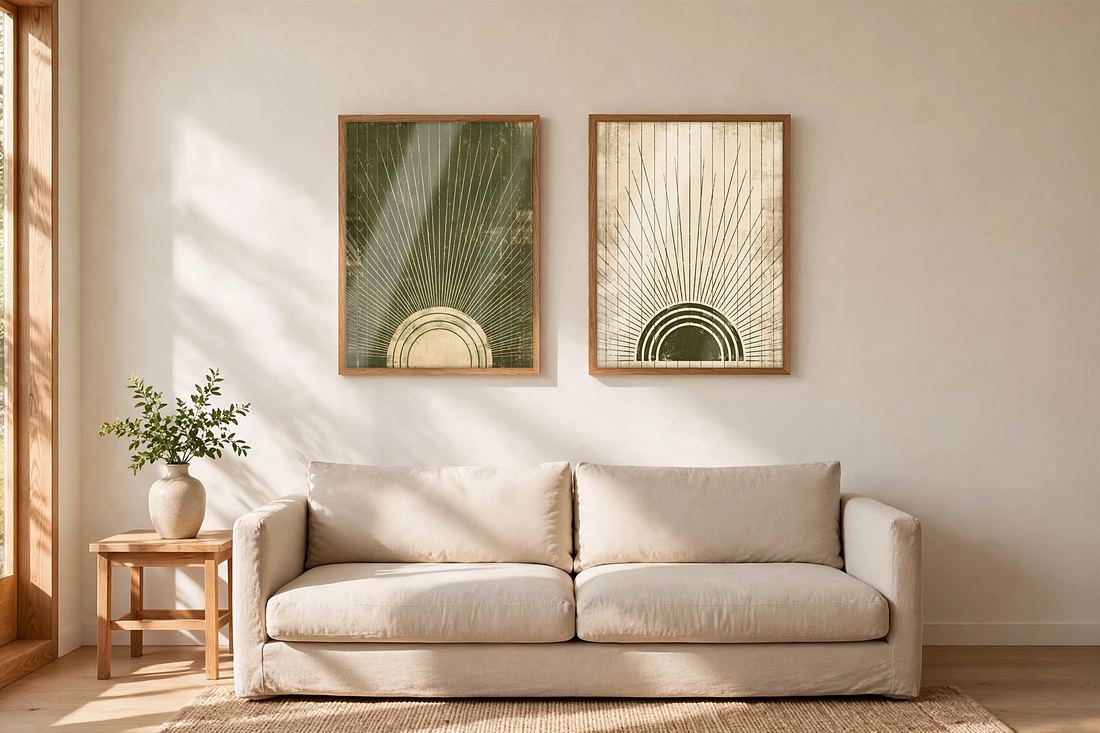 Japandi Wall Art Set of 2, Sage Green Sun Prints, Abstract Mid Century Decor, Digital Download photo 2