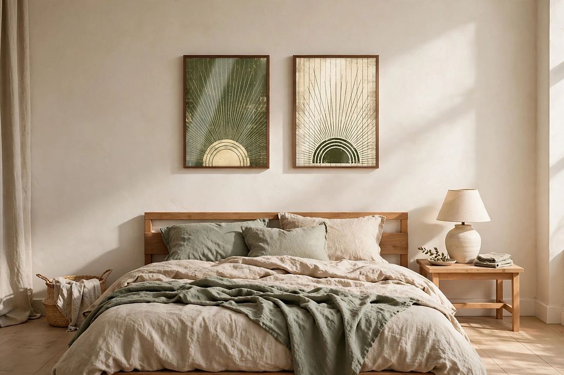 Japandi Wall Art Set of 2, Sage Green Sun Prints, Abstract Mid Century Decor, Digital Download photo 3