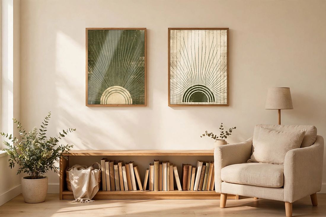 Japandi Wall Art Set of 2, Sage Green Sun Prints, Abstract Mid Century Decor, Digital Download photo 6