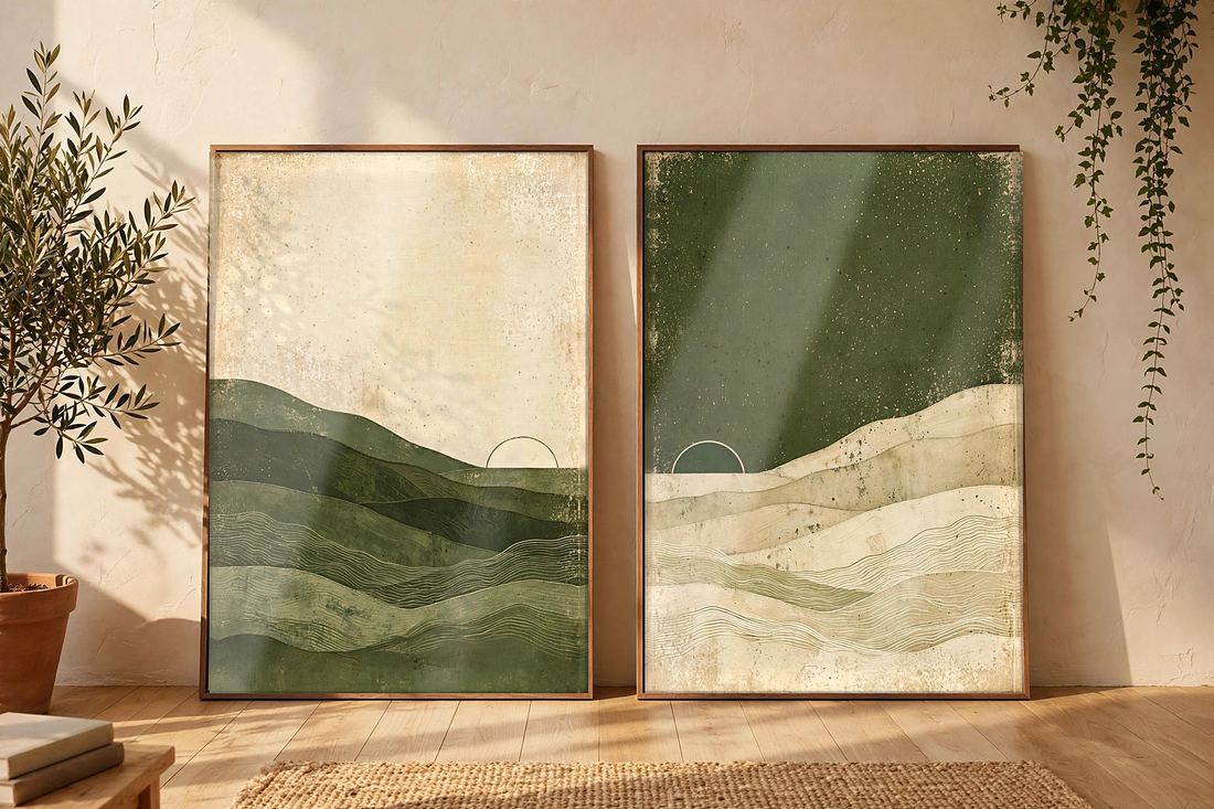 Japandi Wall Art Set of 2, Green Abstract Landscape Prints, Wabi Sabi Decor, Digital Download