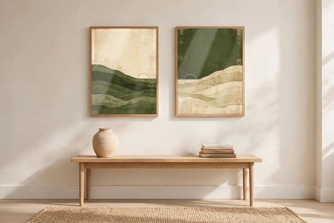 Japandi Wall Art Set of 2, Green Abstract Landscape Prints, Wabi Sabi Decor, Digital Download photo 4