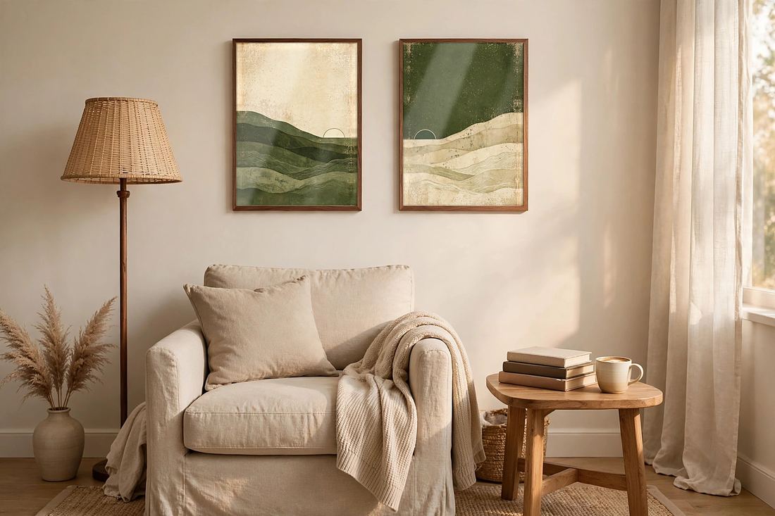 Japandi Wall Art Set of 2, Green Abstract Landscape Prints, Wabi Sabi Decor, Digital Download photo 6