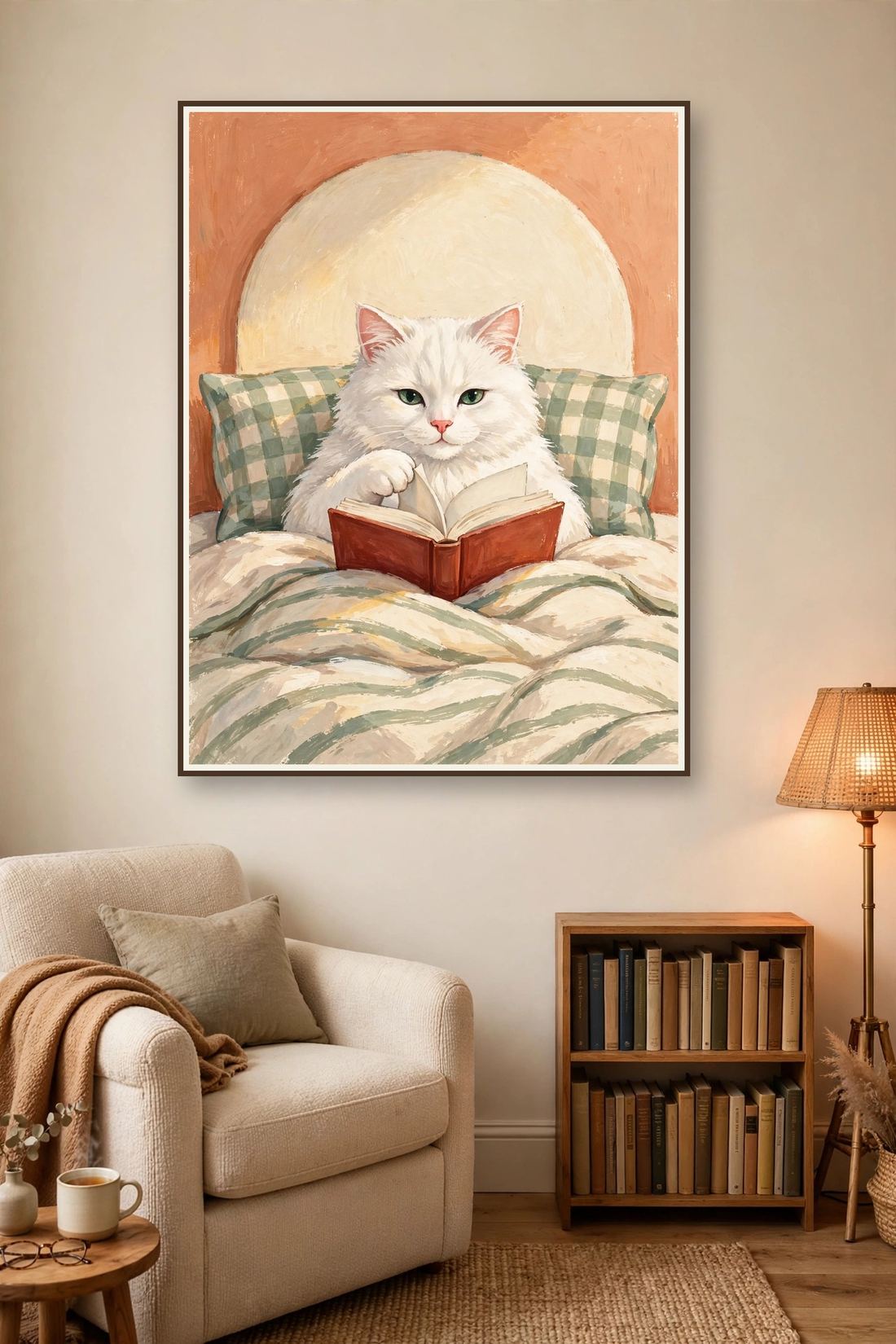 White Cat Wall Art Print, Reading in Bed, Book Lover Digital Download photo 6
