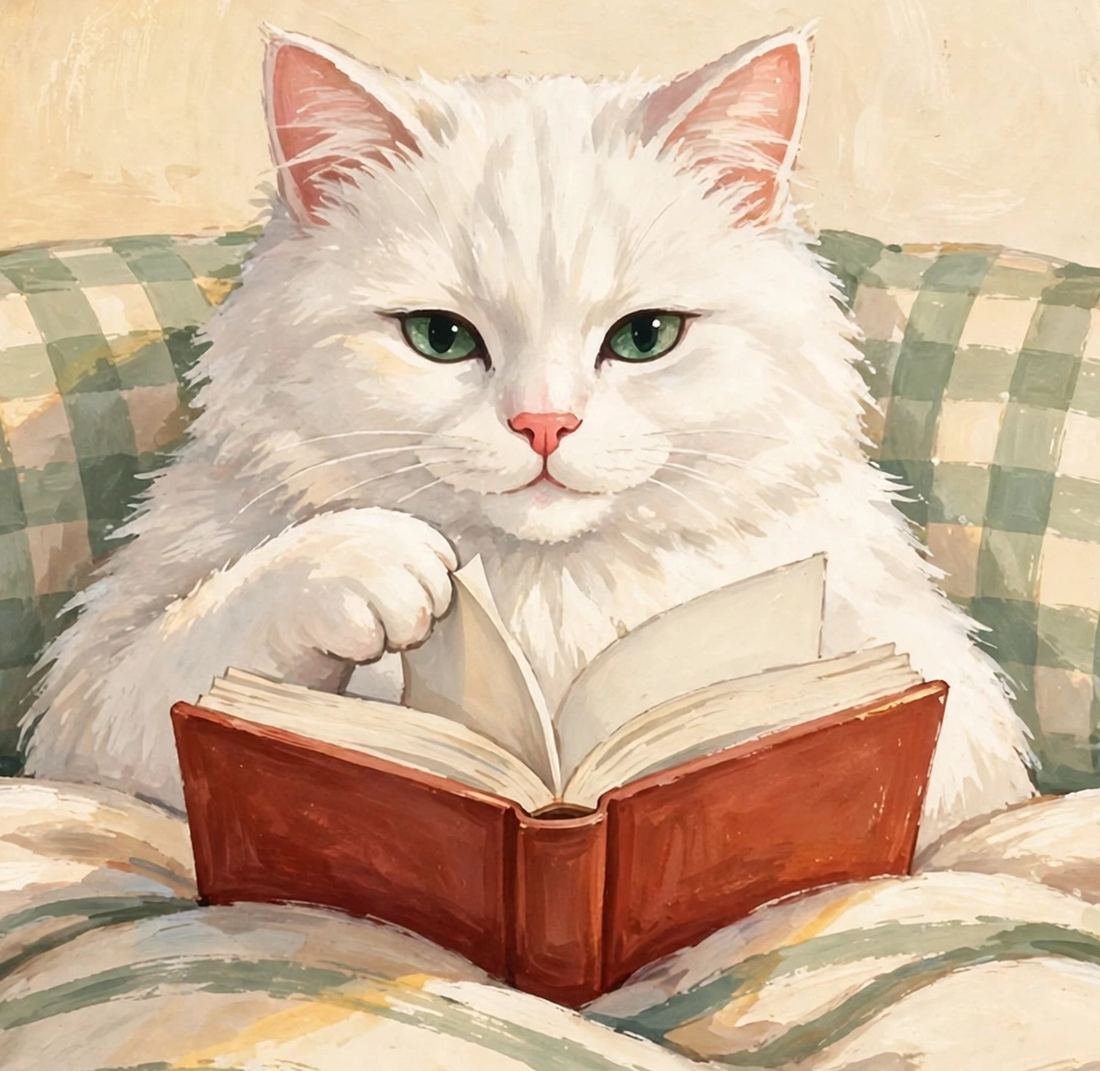 White Cat Wall Art Print, Reading in Bed, Book Lover Digital Download photo 9