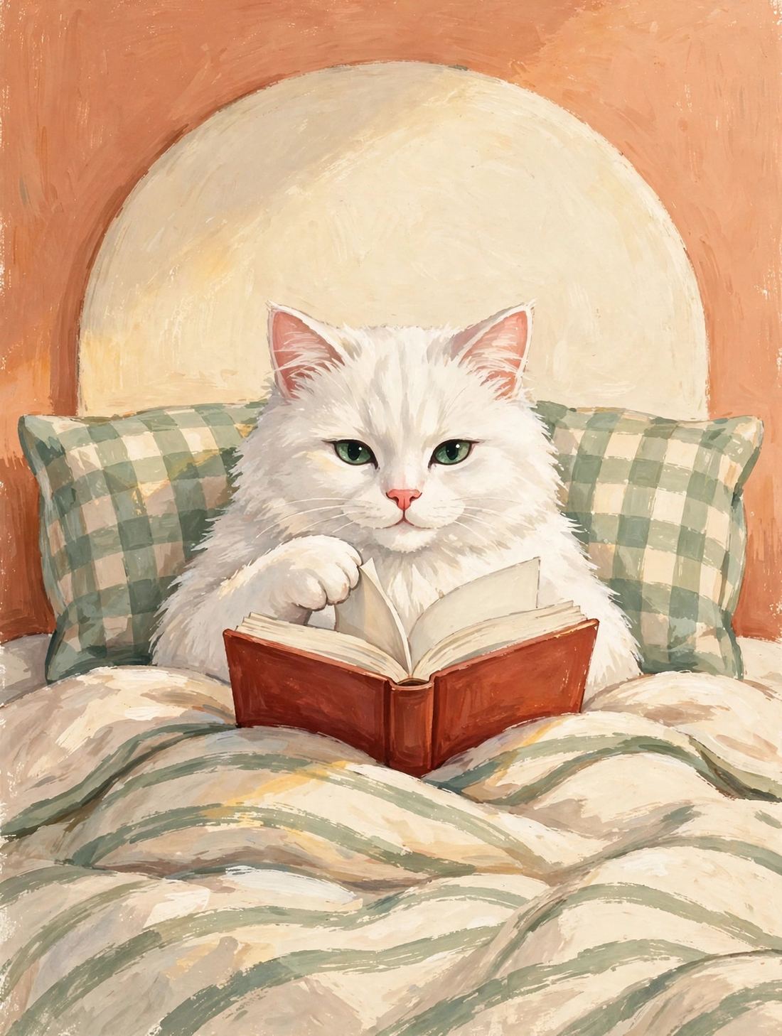 White Cat Wall Art Print, Reading in Bed, Book Lover Digital Download photo 10